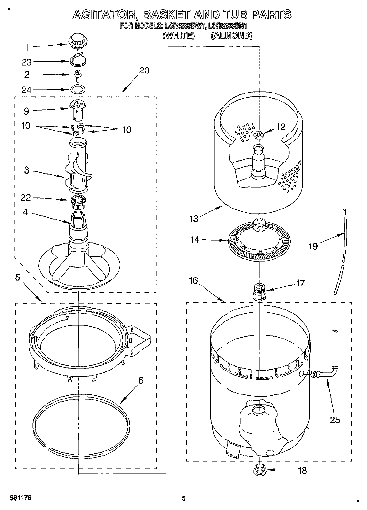 AGITATOR, BASKET AND TUB Diagram and Parts List for LSR6233BW1  Whirlpool Washer