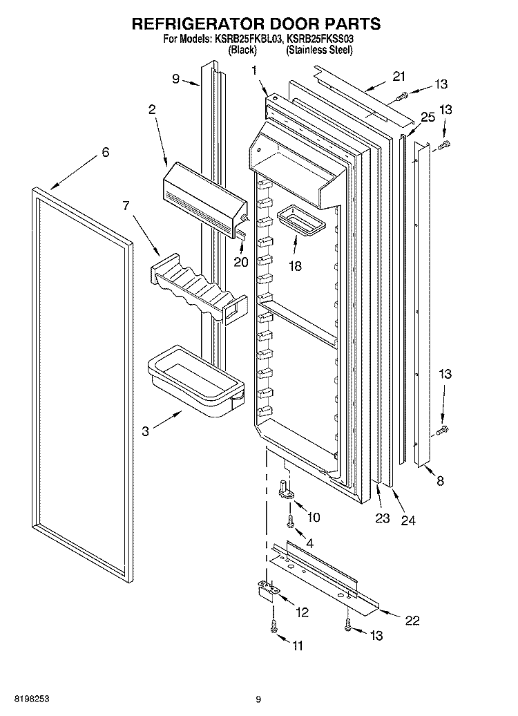 REFRIGERATOR DOOR PARTS Diagram and Parts List for KSRB25FKSS03  KitchenAid Refrigerator