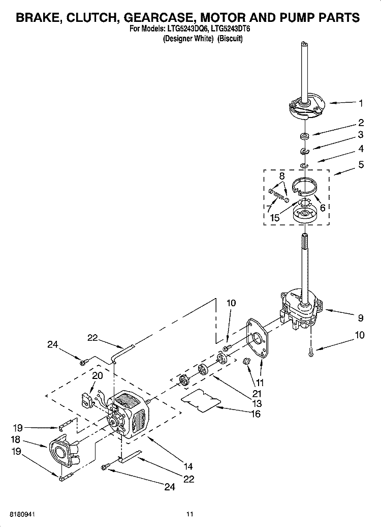 BRAKE, CLUTCH, GEARCASE, MOTOR AND PUMP PARTS Diagram and Parts List for LTG5243DT6  Whirlpool Washer Dryer Combo