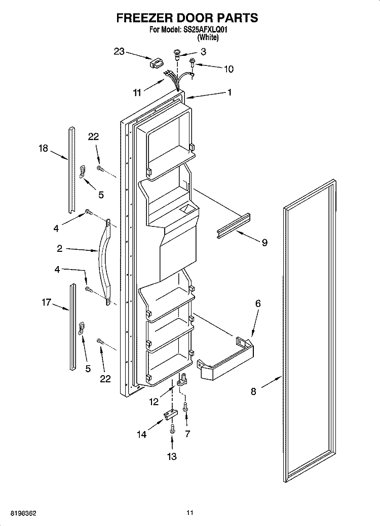FREEZER DOOR PARTS Diagram and Parts List for SS25AFXLQ01  Whirlpool Refrigerator