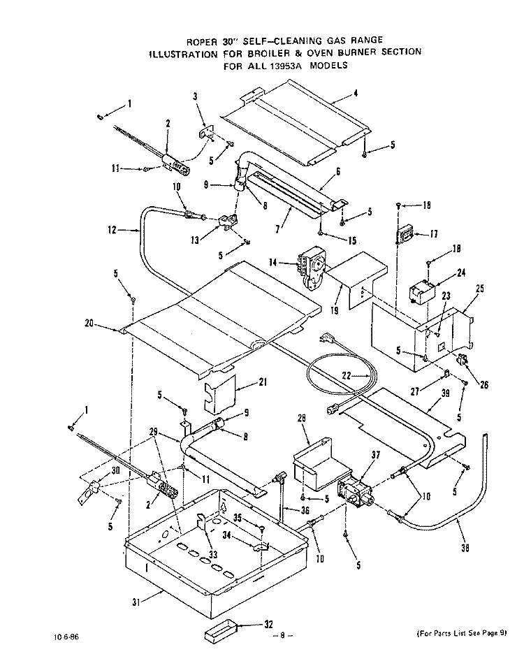 OVEN BODY Diagram and Parts List for 1395W3A  Roper Range
