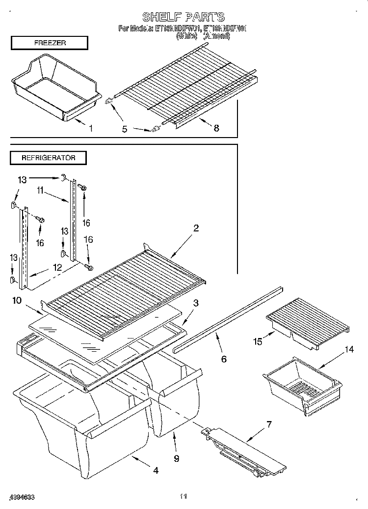 SHELF, LIT/OPTIONAL Diagram and Parts List for ET18NMXFW01  Whirlpool Refrigerator