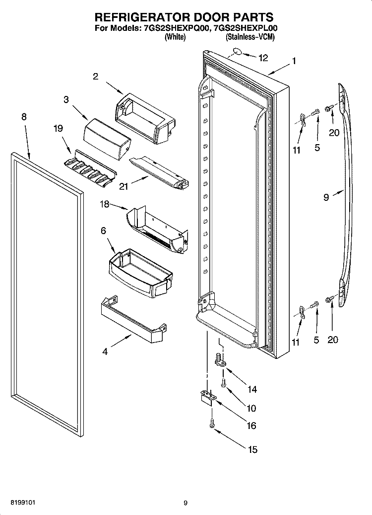 REFRIGERATOR DOOR PARTS Diagram and Parts List for 7GS2SHEXPQ00  Whirlpool Refrigerator