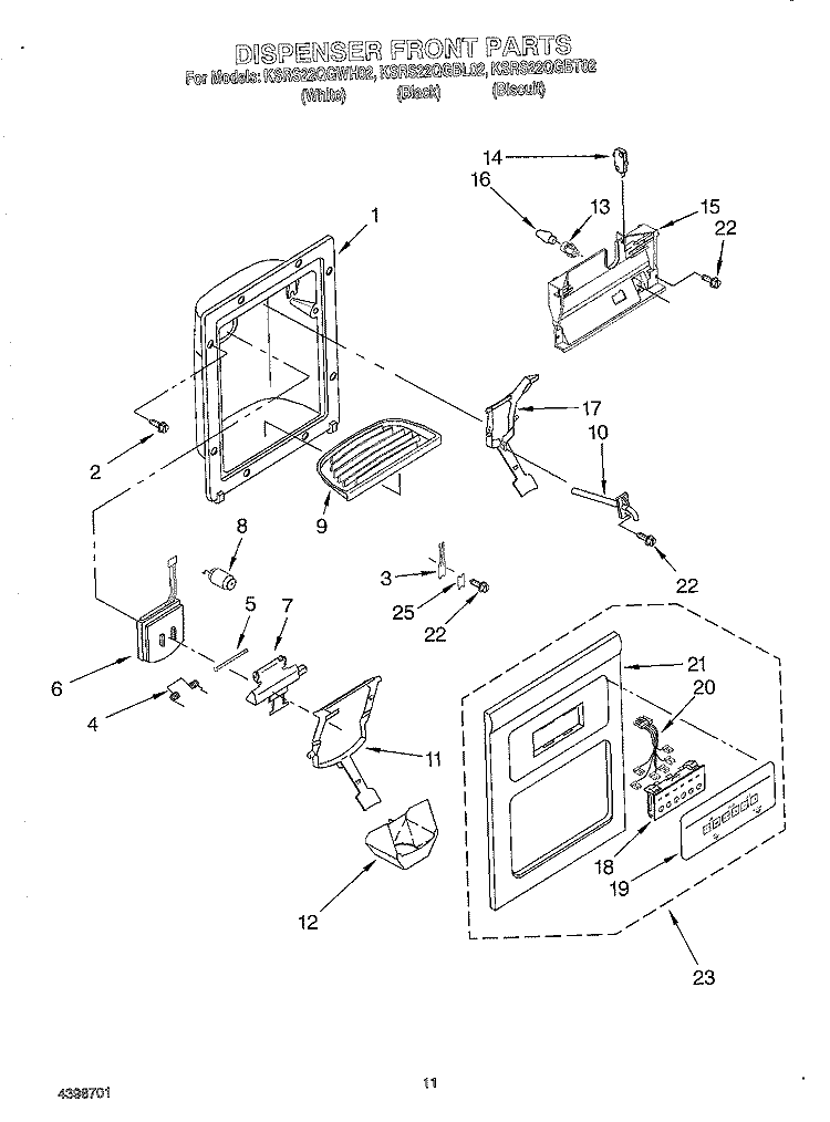DISPENSER FRONT Diagram and Parts List for KSRS22QGWH02  KitchenAid Refrigerator