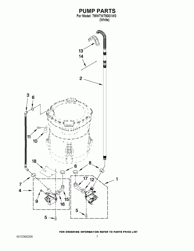 PUMP PARTS Diagram and Parts List for 7MWTW7800XW0  Whirlpool Washer