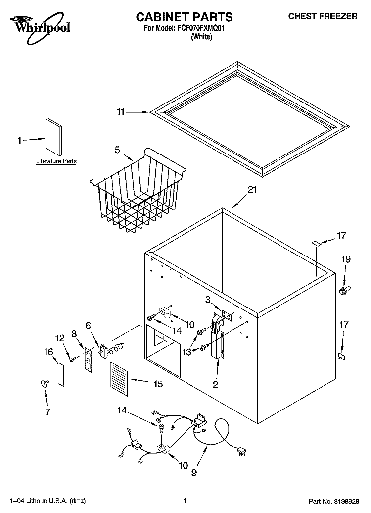 CABINET PARTS Diagram and Parts List for FCF070FXMQ01  Whirlpool Freezer