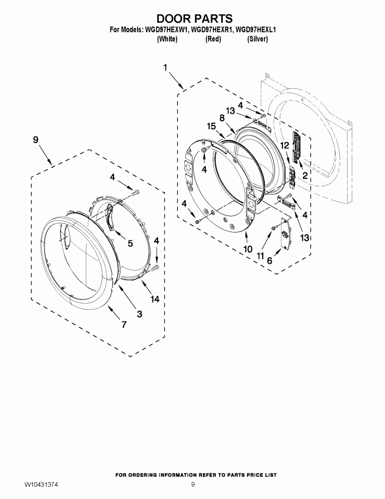 DOOR PARTS Diagram and Parts List for WGD97HEXR1  Whirlpool Dryer