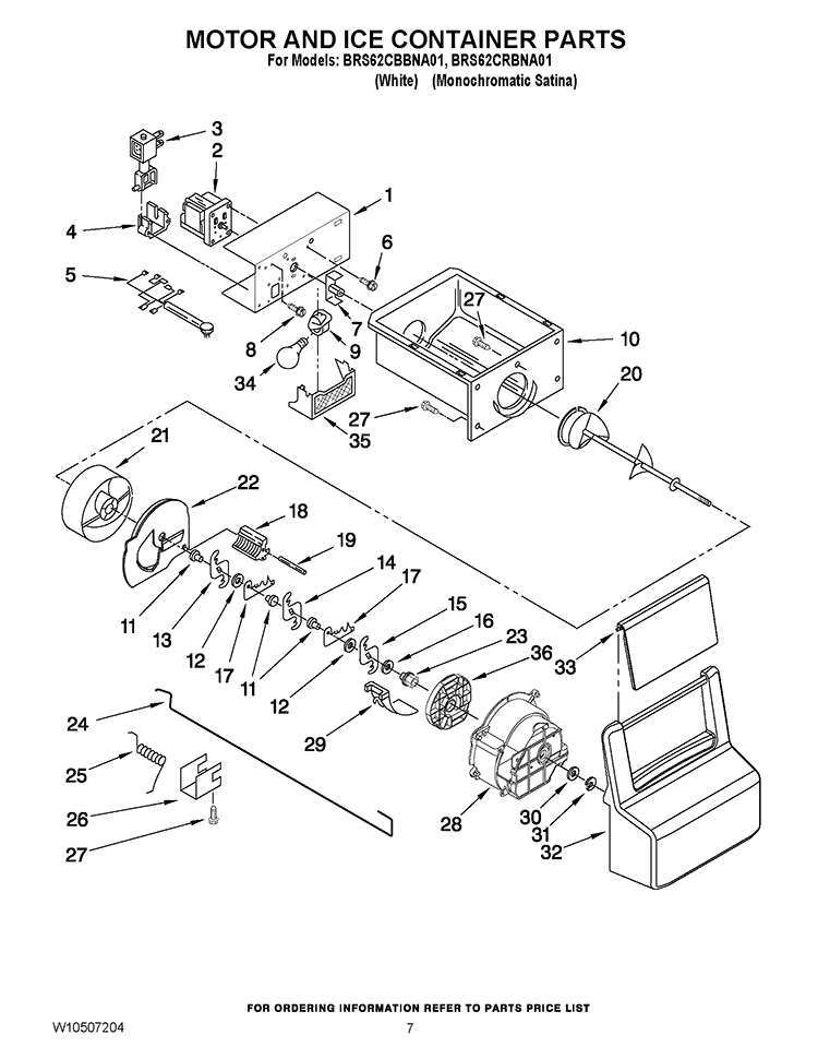MOTOR AND ICE CONTAINER PARTS Diagram and Parts List for BRS62CRBNA01  Whirlpool Refrigerator