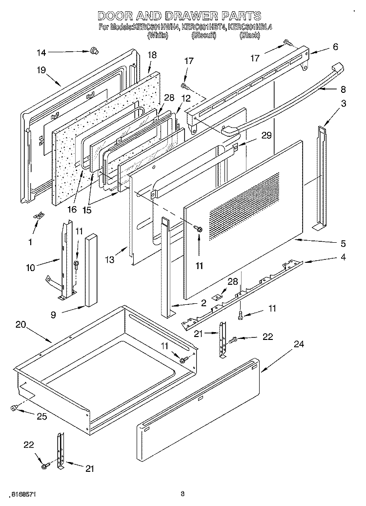 DOOR AND DRAWER Diagram and Parts List for KERC601HWH4  KitchenAid Range