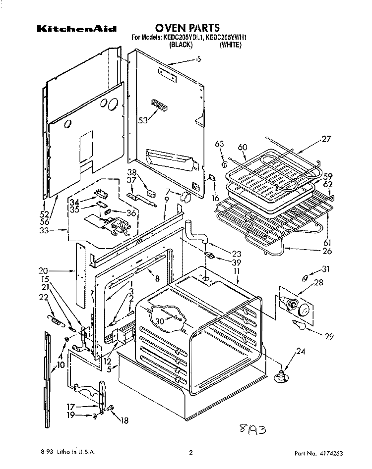 OVEN Diagram and Parts List for KEDC205YWH1  KitchenAid Range