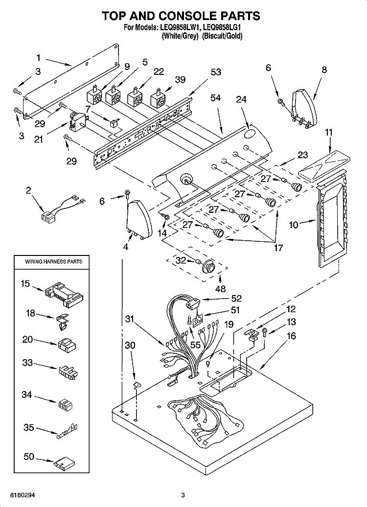 TOP AND CONSOLE PARTS OPTIONAL PARTS (NOT INCLUDED) Diagram and Parts List for LEQ9858LW1  Whirlpool Dryer