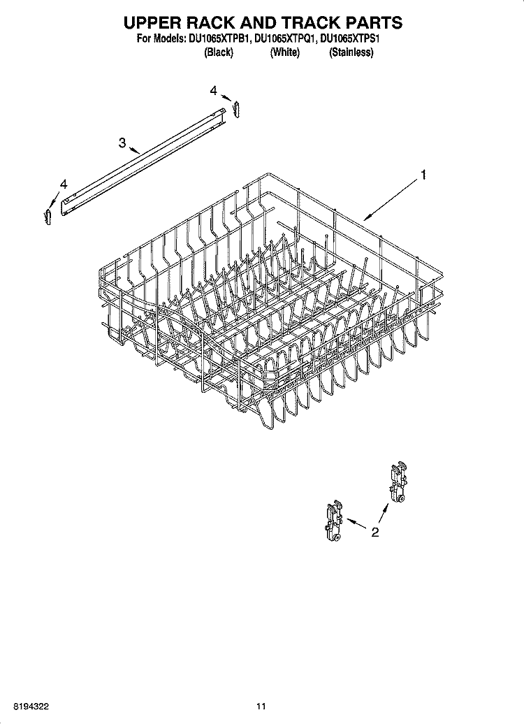 UPPER RACK AND TRACK PARTS Diagram and Parts List for DU1065XTPS1  Whirlpool Dishwasher