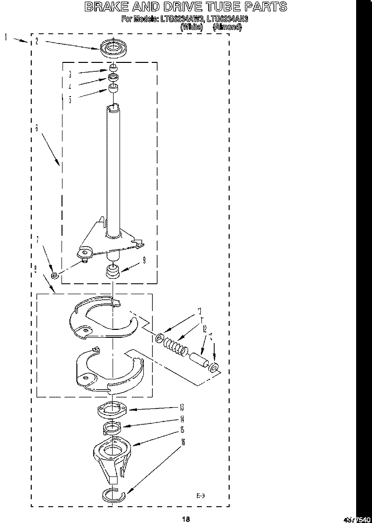 BRAKE AND DRIVE TUBE Diagram and Parts List for LTG6234AN3  Whirlpool Washer Dryer Combo