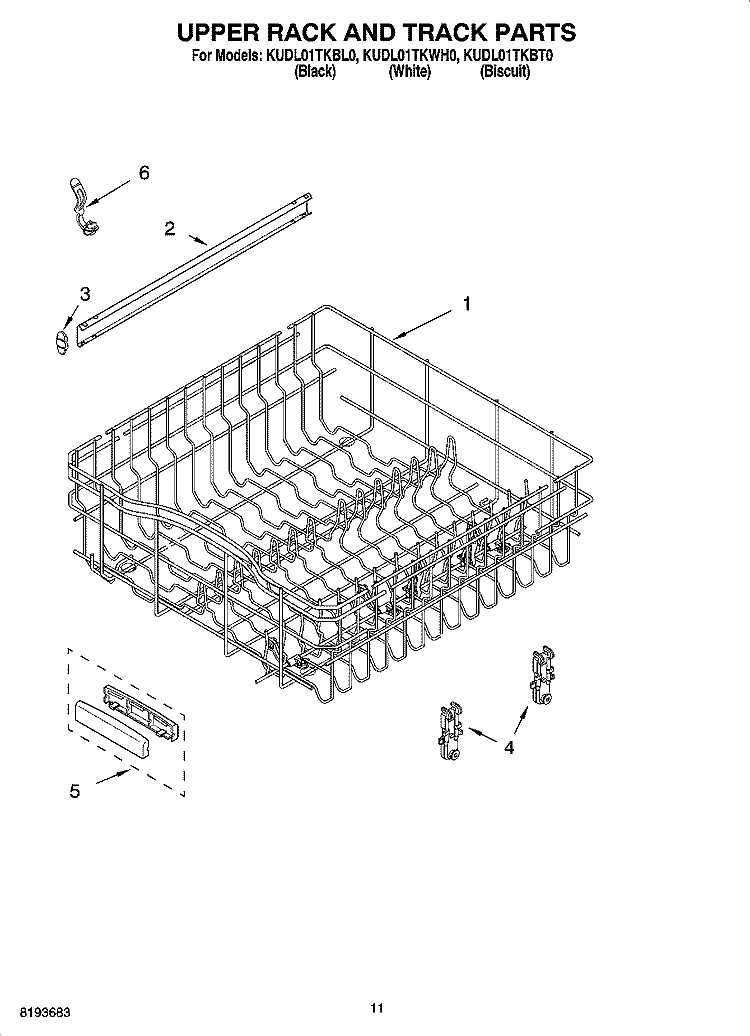 UPPER RACK AND TRACK PARTS Diagram and Parts List for KUDL01TKBL0  KitchenAid Dishwasher