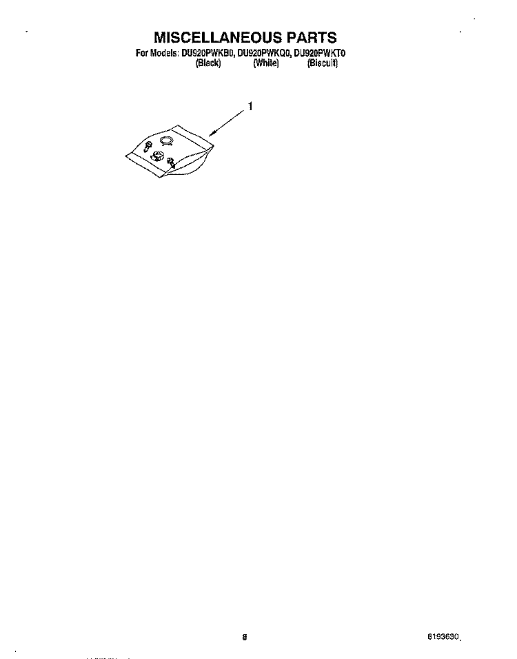 MISCELLANEOUS, OPTIONAL Diagram and Parts List for DU920PWKT0  Whirlpool Dishwasher