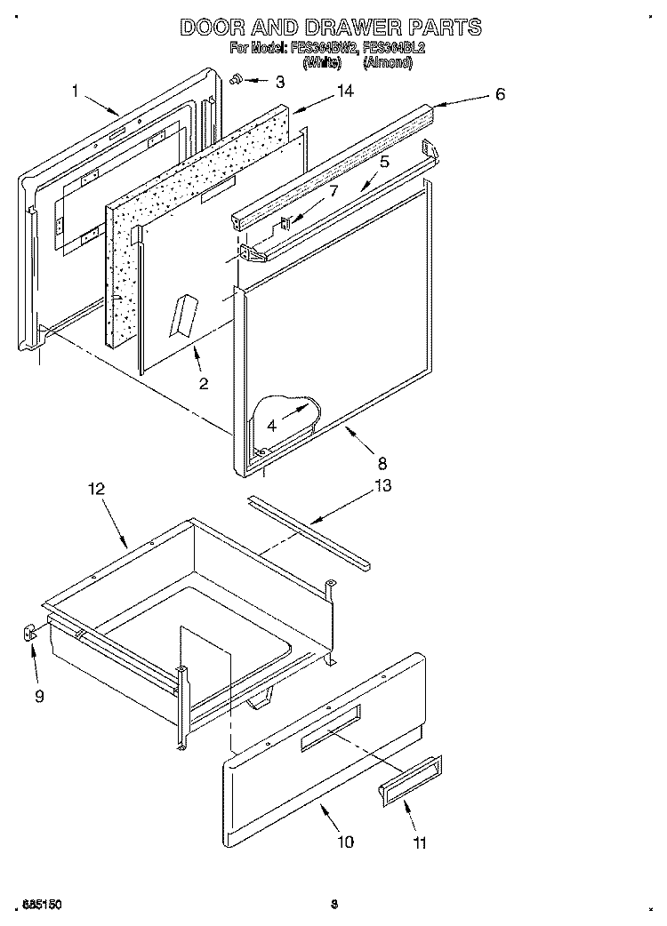 DOOR AND DRAWER Diagram and Parts List for FES364BL2  Roper Range