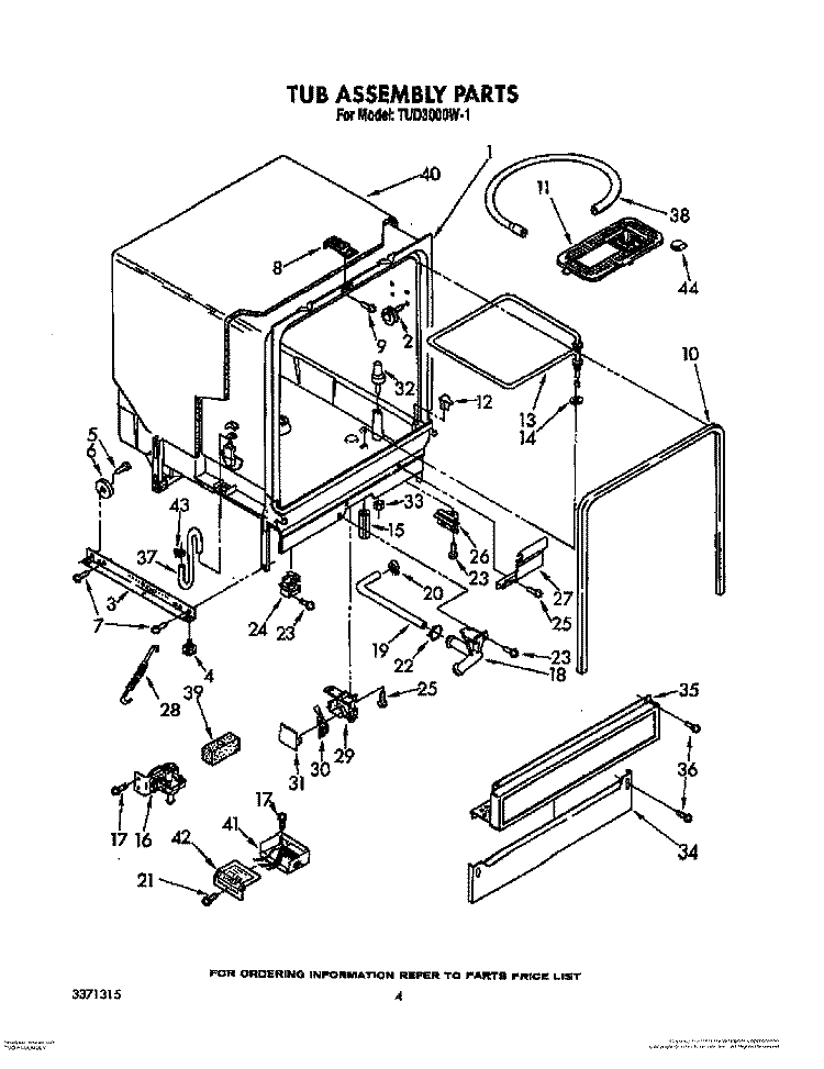 TUB ASSEMBLY Diagram and Parts List for TUD3000W1  Whirlpool Dishwasher