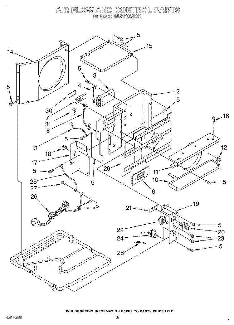 AIR FLOW AND CONTROL Diagram and Parts List for BHAC1000XS2  Whirlpool Air Conditioner