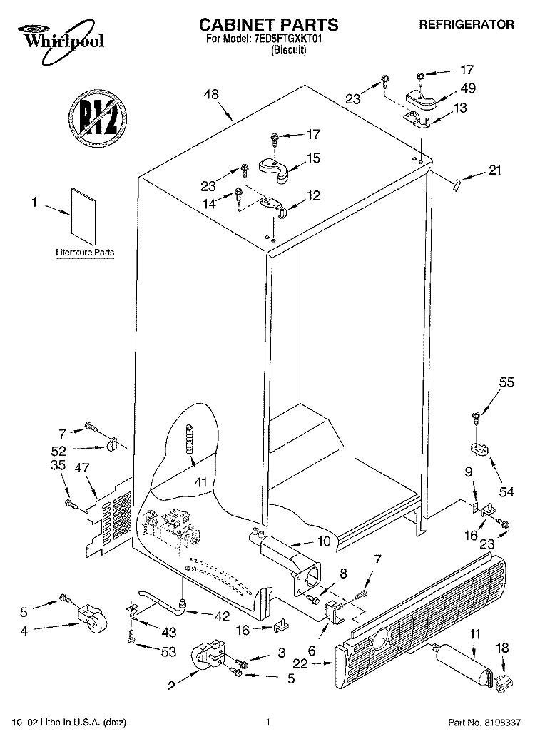 CABINET, LITERATURE Diagram and Parts List for 7ED5FTGXKT01  Whirlpool Refrigerator