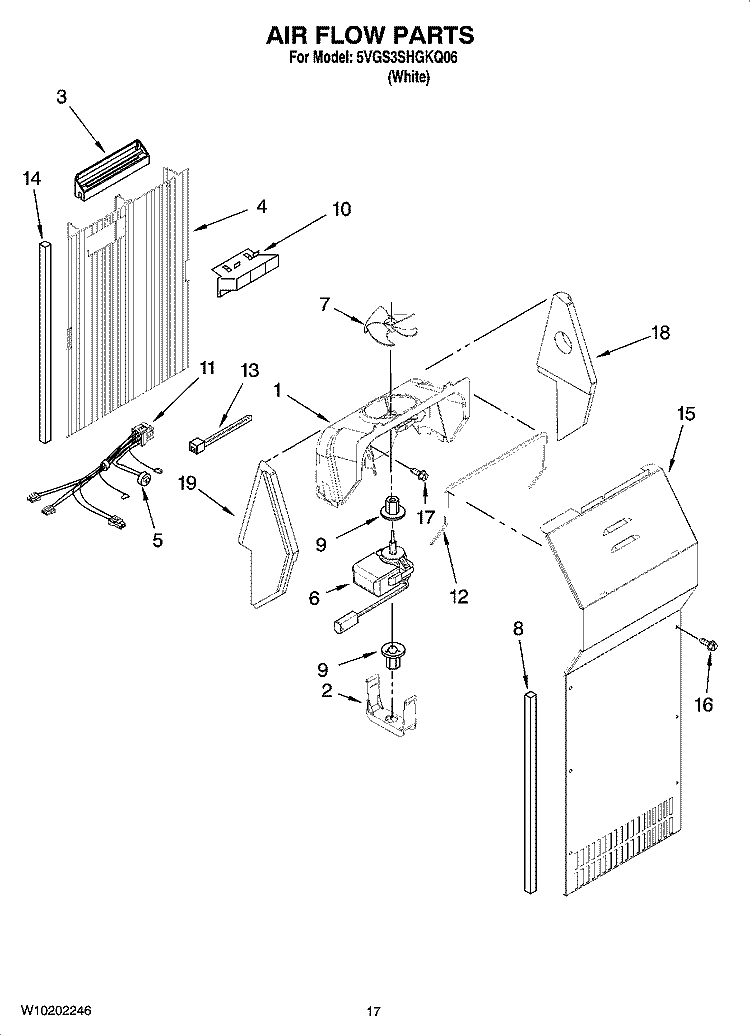 AIR FLOW PARTS Diagram and Parts List for 5VGS3SHGKQ06  Whirlpool Refrigerator