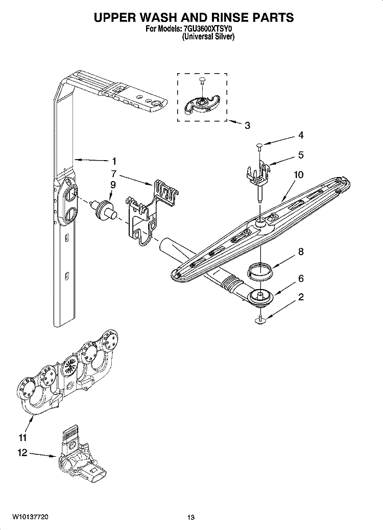 UPPER WASH AND RINSE PARTS Diagram and Parts List for 7GU3600XTSY0  Whirlpool Dishwasher