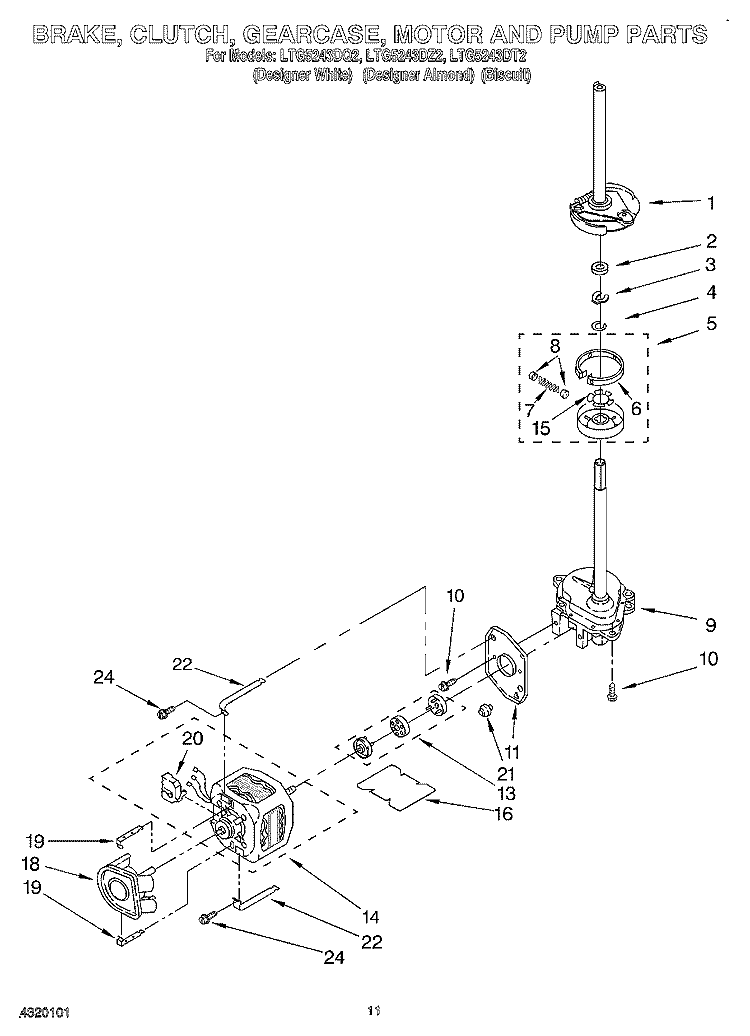 BRAKE, CLUTCH, GEARCASE, MOTOR AND PUMP Diagram and Parts List for LTG5243DT2  Whirlpool Washer Dryer Combo