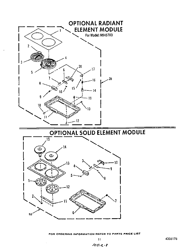 RADIANT ELEMENT MODULE , SOLID ELEMENT Diagram and Parts List for N9457X3  Roper Range