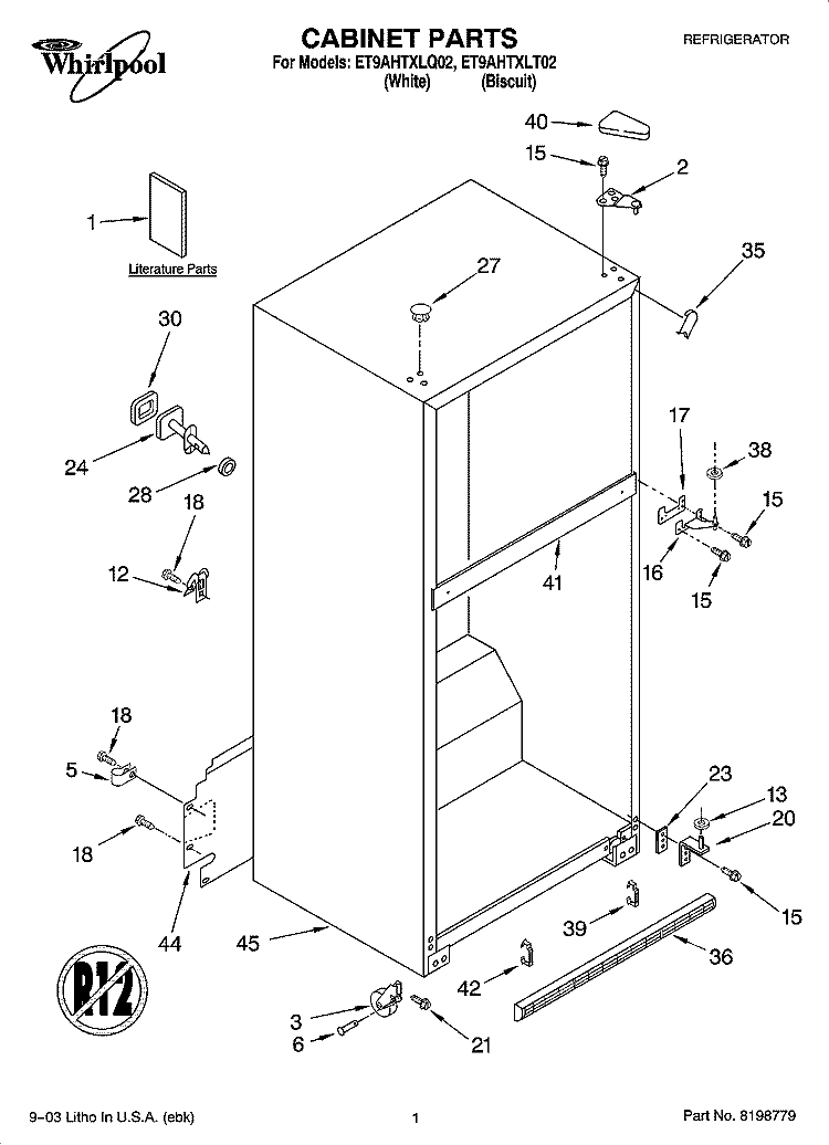 CABINET PARTS Diagram and Parts List for ET9AHTXLT02  Whirlpool Refrigerator