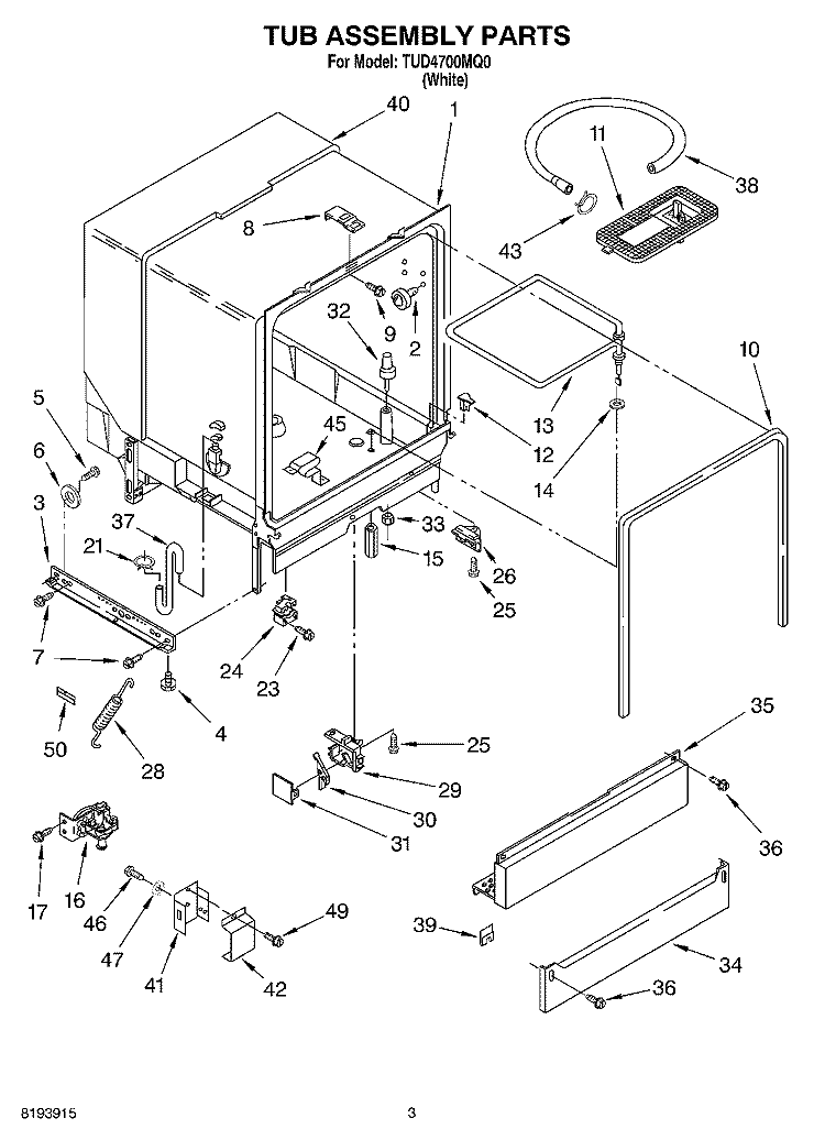TUB ASSEMBLY PARTS Diagram and Parts List for TUD4700MQ0  Estate Dishwasher