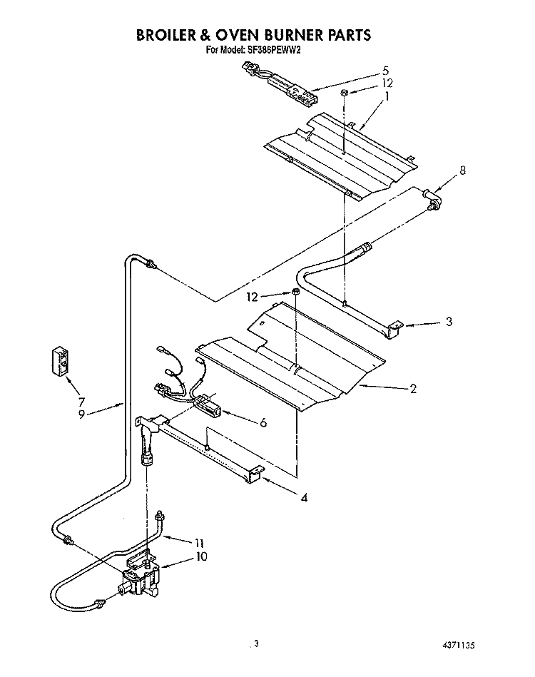 BROILER AND OVEN BURNER Diagram and Parts List for SF386PEWW2  Whirlpool Range