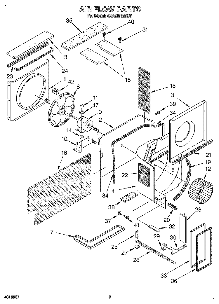 AIR FLOW Diagram and Parts List for 4XACM12DD0  Whirlpool Air Conditioner