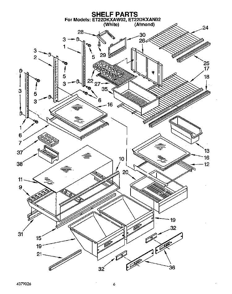 SHELF, LIT/OPTIONAL Diagram and Parts List for ET22DKXAN02  Whirlpool Refrigerator