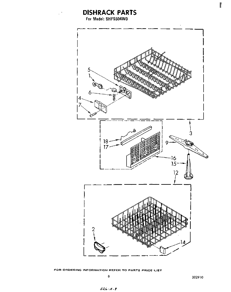 DISHRACK Diagram and Parts List for SHF5504W0  Whirlpool Dishwasher
