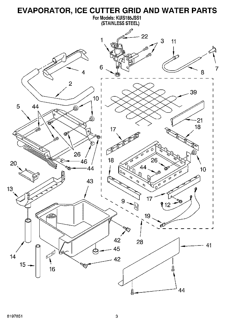 EVAPORATOR, ICE CUTTER GRID AND WATER Diagram and Parts List for KUIS185JSS1  KitchenAid Ice Maker