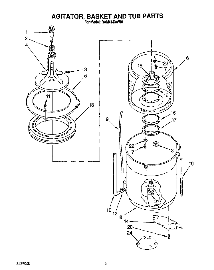 AGITATOR, BASKET AND TUB Diagram and Parts List for RAM4143AL0  Whirlpool Washer