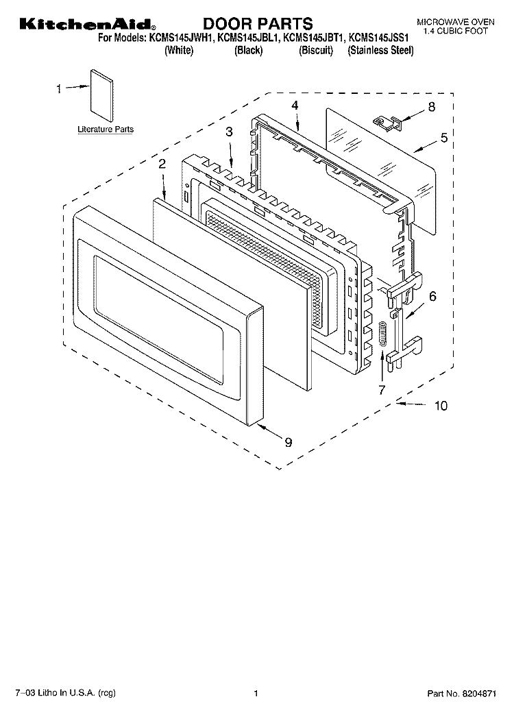 DOOR PARTS Diagram and Parts List for KCMS145JBT1  KitchenAid Microwave