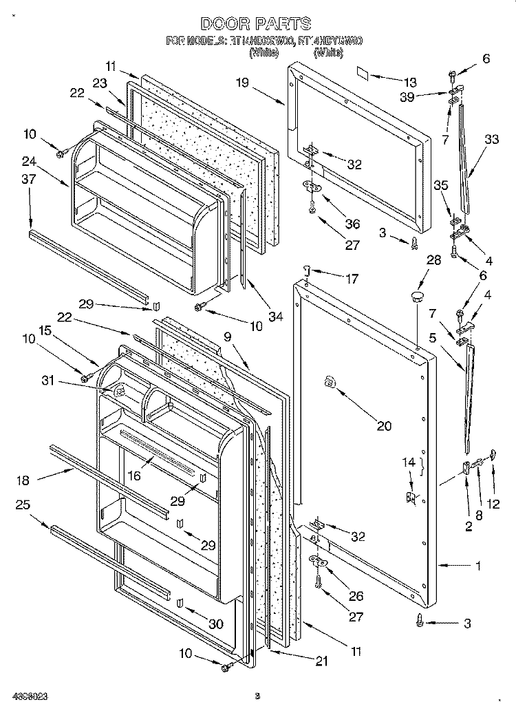 DOOR Diagram and Parts List for RT14HDYGW00  Roper Refrigerator