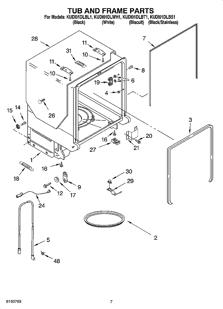 TUB AND FRAME PARTS Diagram and Parts List for KUDI01DLBT1  KitchenAid Dishwasher