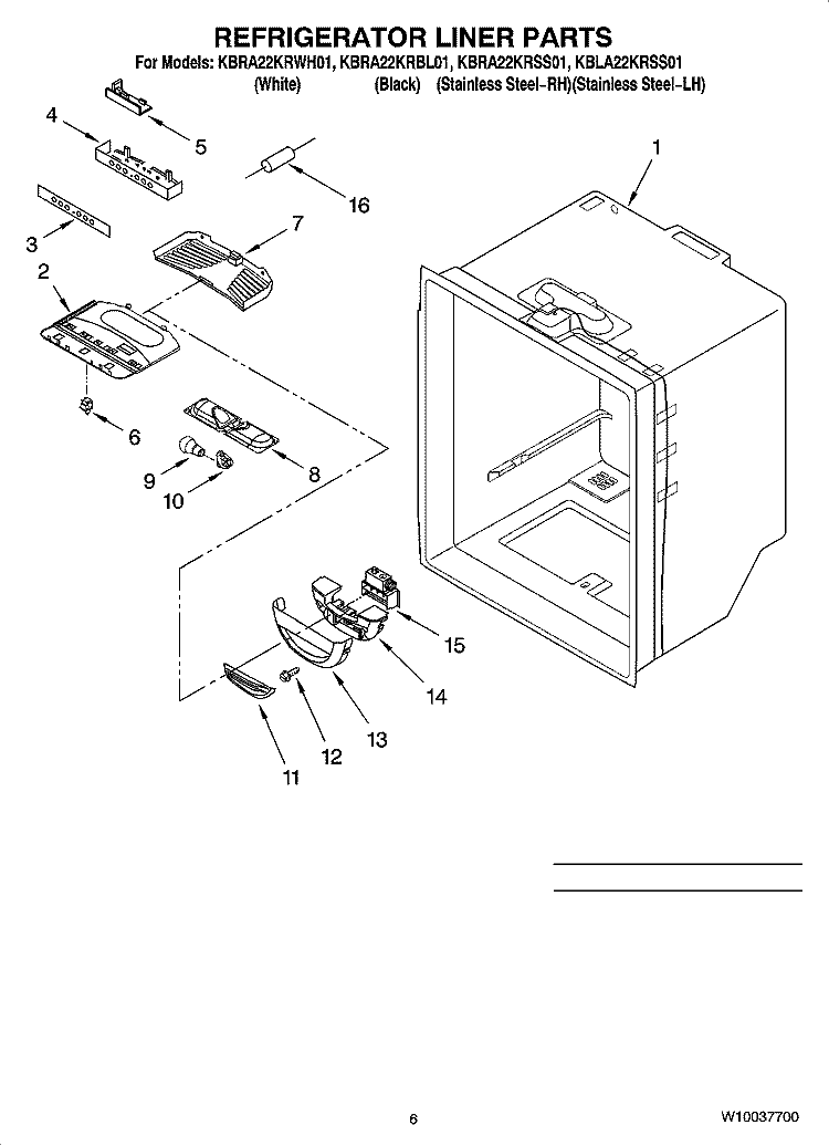 REFRIGERATOR LINER PARTS Diagram and Parts List for KBLA22KRSS01  KitchenAid Refrigerator