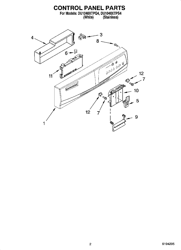 CONTROL PANEL PARTS Diagram and Parts List for DU1048XTPS4  Whirlpool Dishwasher