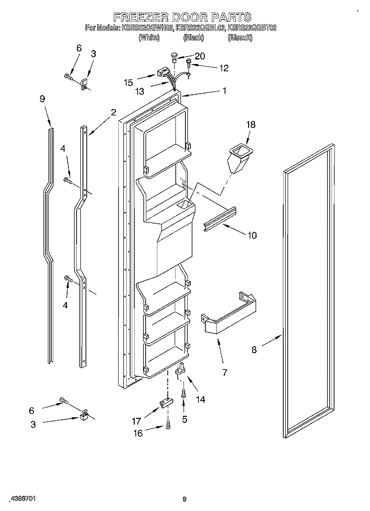 FREEZER DOOR Diagram and Parts List for KSRS22QGWH02  KitchenAid Refrigerator