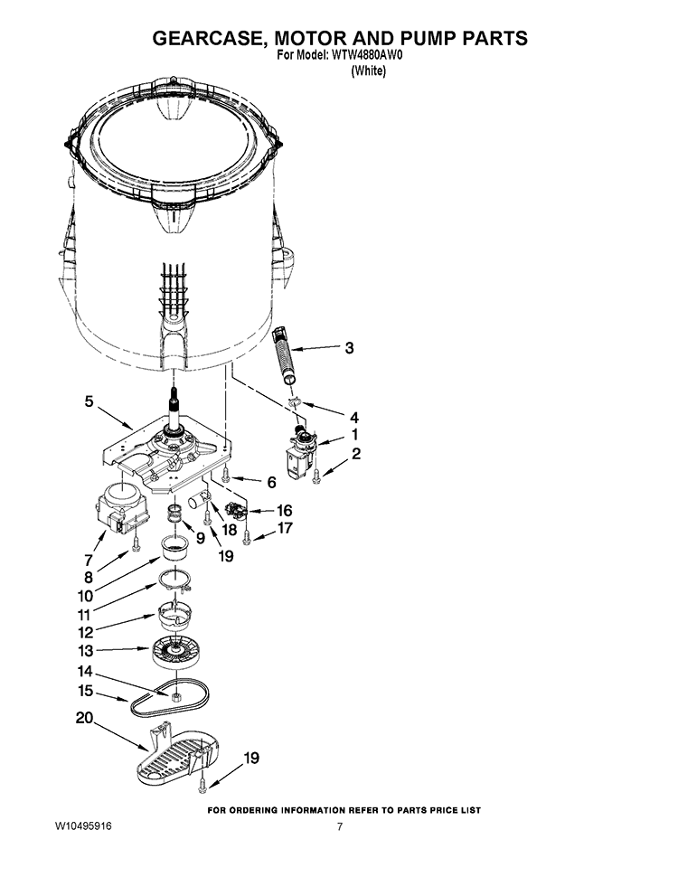 GEARCASE, MOTOR AND PUMP PARTS Diagram and Parts List for WTW4880AW0  Whirlpool Washer