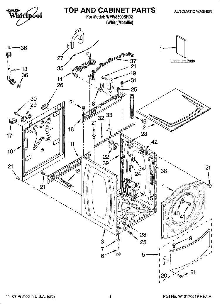 TOP AND CABINET PARTS Diagram and Parts List for WFW8500SR02  Whirlpool Washer