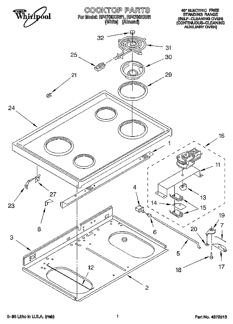 COOKTOP Diagram and Parts List for RF4700XBN1  Whirlpool Range