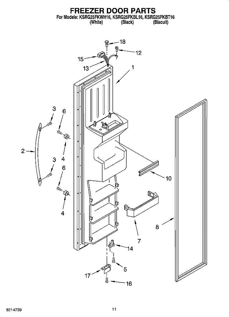 FREEZER DOOR PARTS Diagram and Parts List for KSRG25FKBT16  KitchenAid Refrigerator