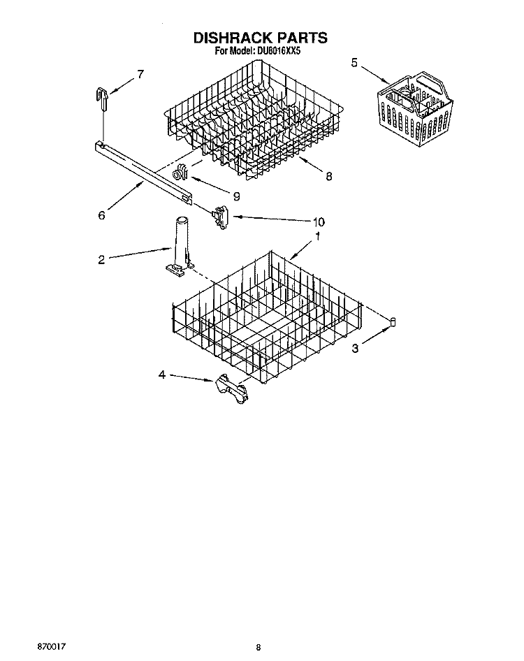 DISHRACK Diagram and Parts List for DU8016XX5  Whirlpool Dishwasher