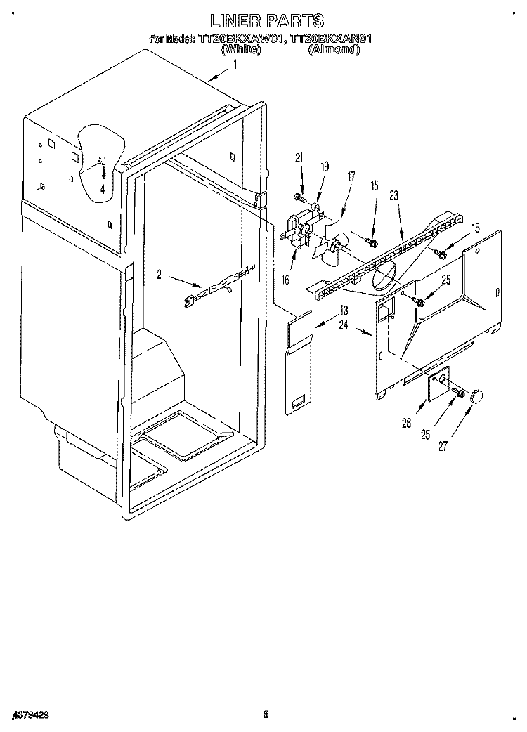 LINER Diagram and Parts List for TT20BKXAW01  Whirlpool Refrigerator