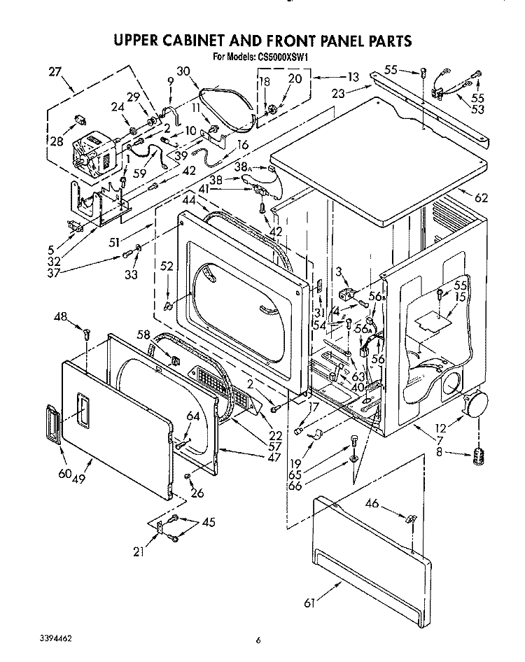 UPPER CABINET AND FRONT PANEL Diagram and Parts List for CS5000XSW1  Whirlpool Dryer
