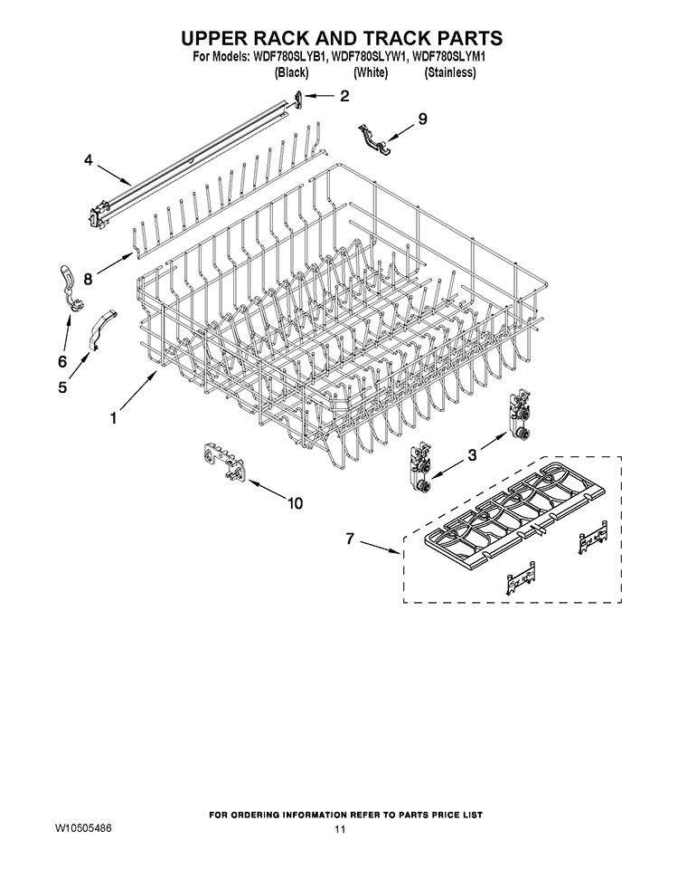 UPPER RACK AND TRACK PARTS Diagram and Parts List for WDF780SLYB1  Whirlpool Dishwasher