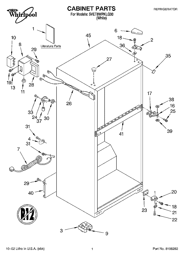 CABINET, LITERATURE Diagram and Parts List for 5VET8WPKLQ00  Whirlpool Refrigerator